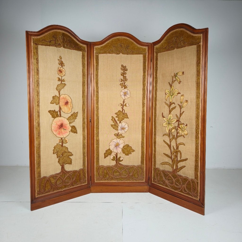 Art Nouveau kamerscherm met geborduurde bloemen, ca. 1900, Ophalen of Verzenden