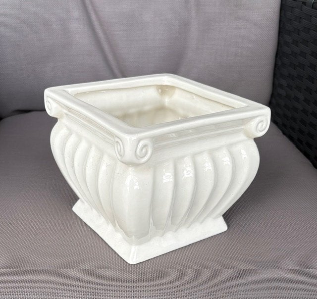 Vintage witte keramische bloempot, Ophalen, Overige materialen, Vierkant, Zo goed als nieuw