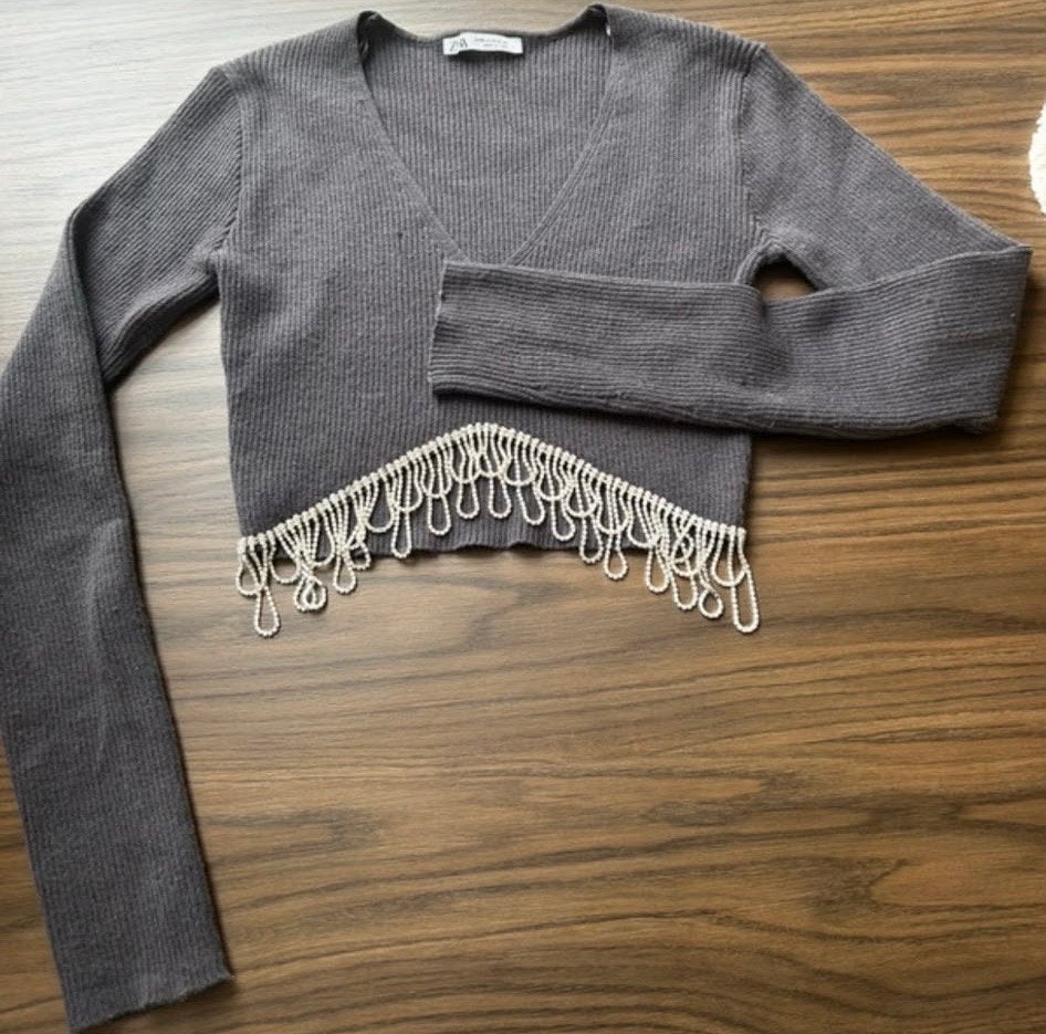 Zara Crop Top met strass steentjes - Maat XS, Ophalen of Verzenden, Gedragen, Maat 34 (XS) of kleiner, Grijs