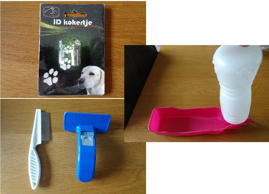 Adres kokertje, Reis drinkflesje, Vlooien kam en Borsteltje, Dieren en Toebehoren, Honden-accessoires, Ophalen, Nieuw
