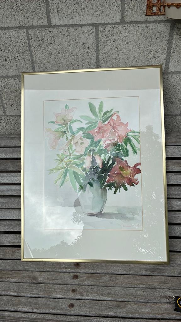 Aquarel bloemenvaas gesigneerd, Huis en Inrichting, Woonaccessoires | Lijsten, Ophalen of Verzenden, Zo goed als nieuw, Metaal of Aluminium