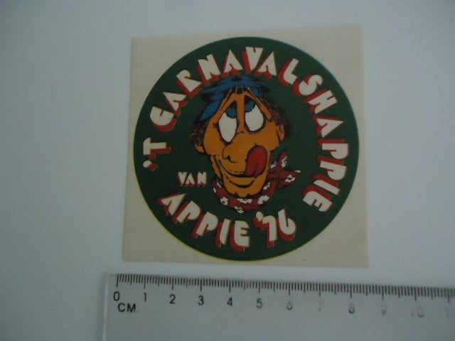 sticker oud Carnaval 1976 Appie vintage retro, Verzenden, Zo goed als nieuw, Bedrijf of Vereniging