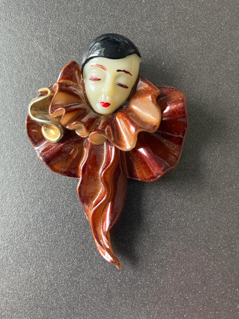 Vintage Pierrot Broche, Overige materialen, 4 tot 7 cm, Gebruikt, Bruin