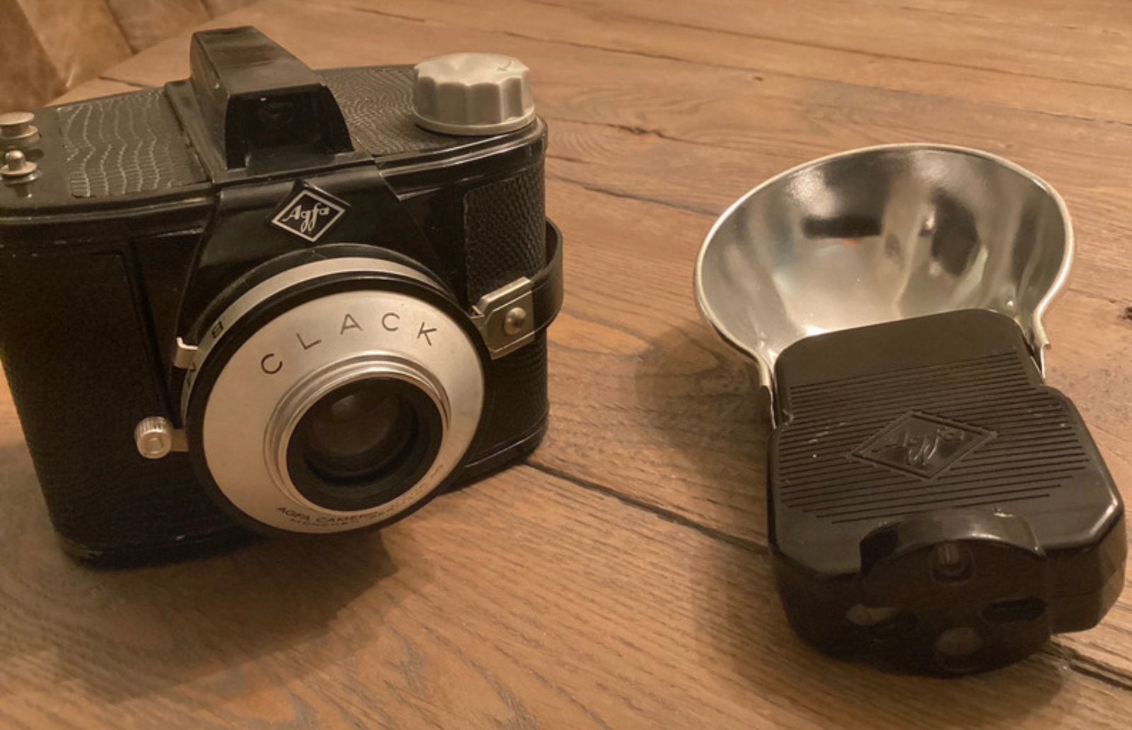 Vintage Agfa Clack camera met flitser en leren tas, Ophalen of Verzenden, Gebruikt, Compact, Overige Merken