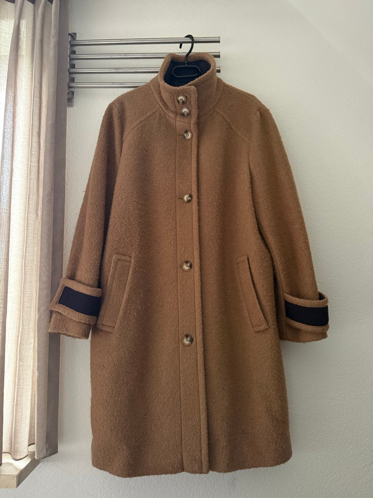 Esprit wollen mantel XXL camel met blauwe voering, Ophalen of Verzenden, Zo goed als nieuw, Maat 46/48 (XL) of groter, Beige