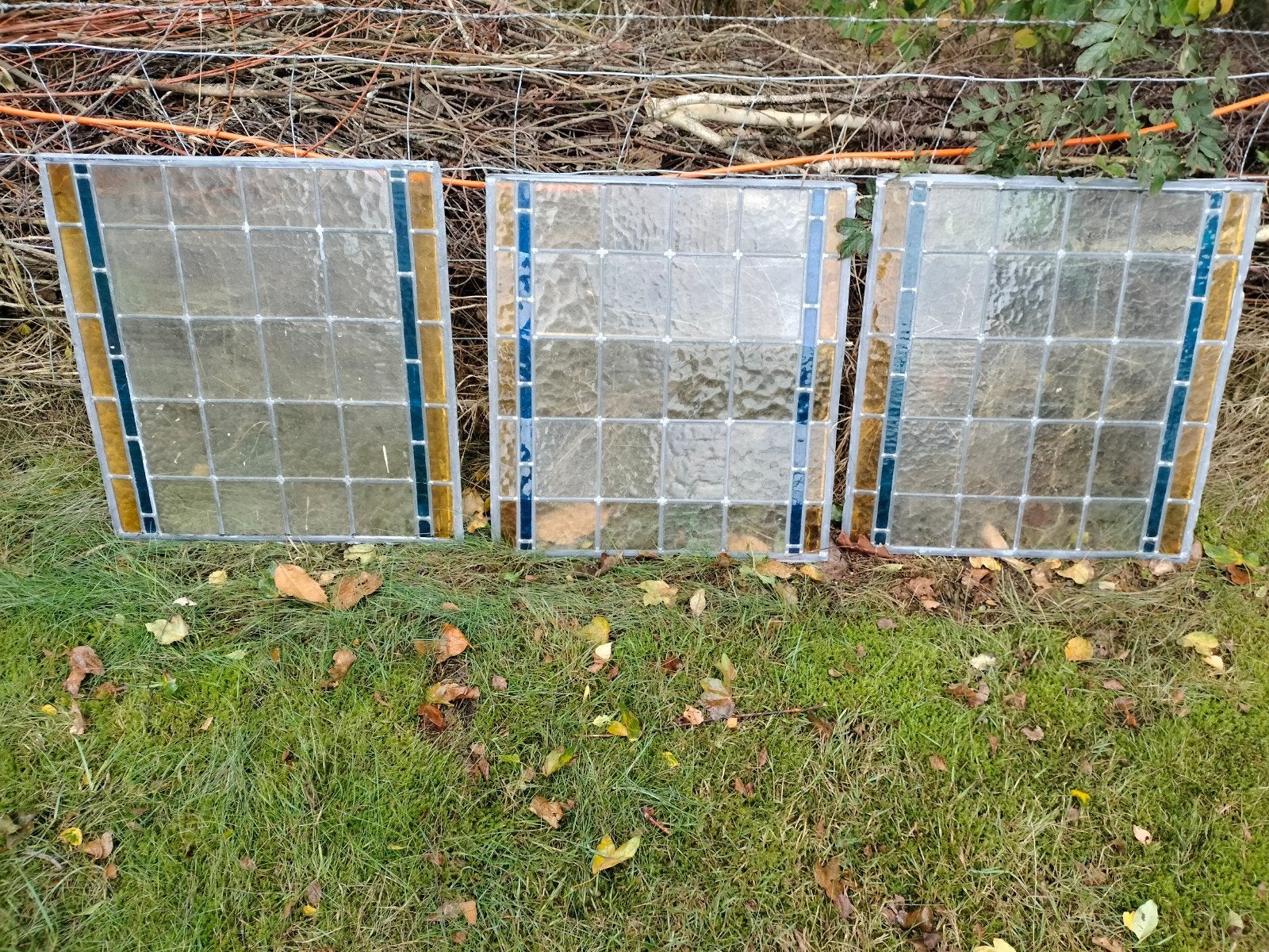 Set van 3 glas in lood ramen - Geel en Blauw, Doe-het-zelf en Verbouw, Glas en Ramen, Ophalen, Gevelraam of Ruit, Gebruikt, Minder dan 80 cm