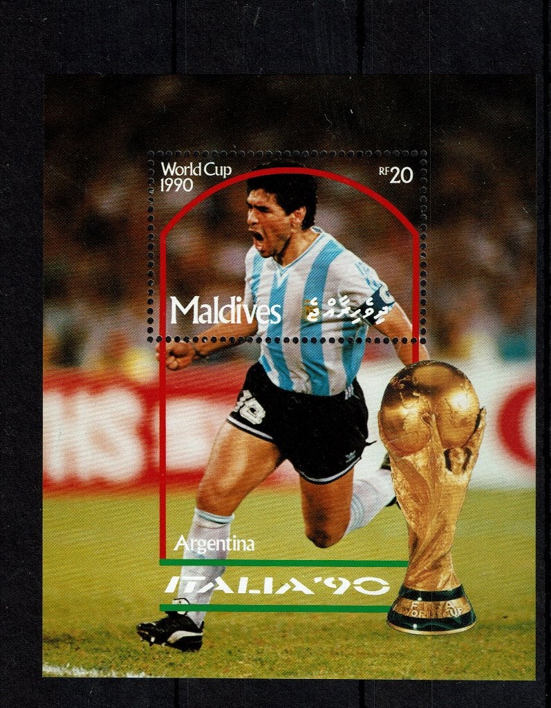 MALDIVES 1990 PF BLOK VOETBAL SOCCER SPACE MARADONNA, Ophalen of Verzenden, Postfris, Sport