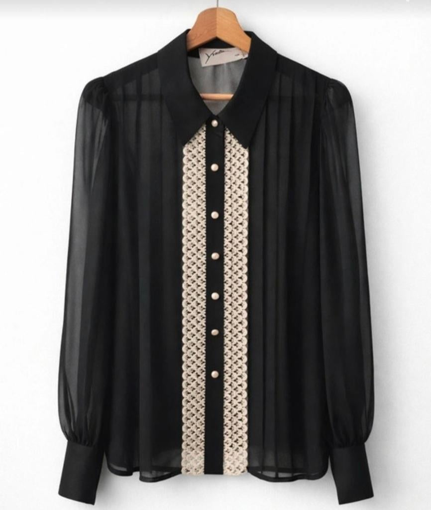 Zwarte transparante blouse met parel details, Maat 38/40 (M), Verzenden, Zwart, Zo goed als nieuw