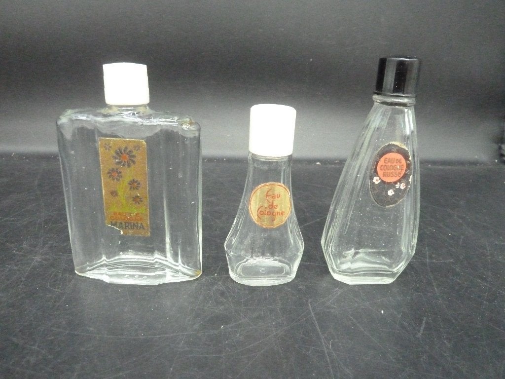 2 vintage glazen flesjes eau de cologne met etiket, Verzamelen, Parfumverzamelingen, Ophalen of Verzenden, Nieuw, Parfumfles