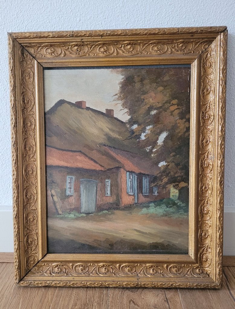 Boerderij op dik board in oude lijst ongesigneerd 24 x 30cm., Antiek en Kunst, Overige ondergronden, Bijzondere lijst, Ophalen of Verzenden