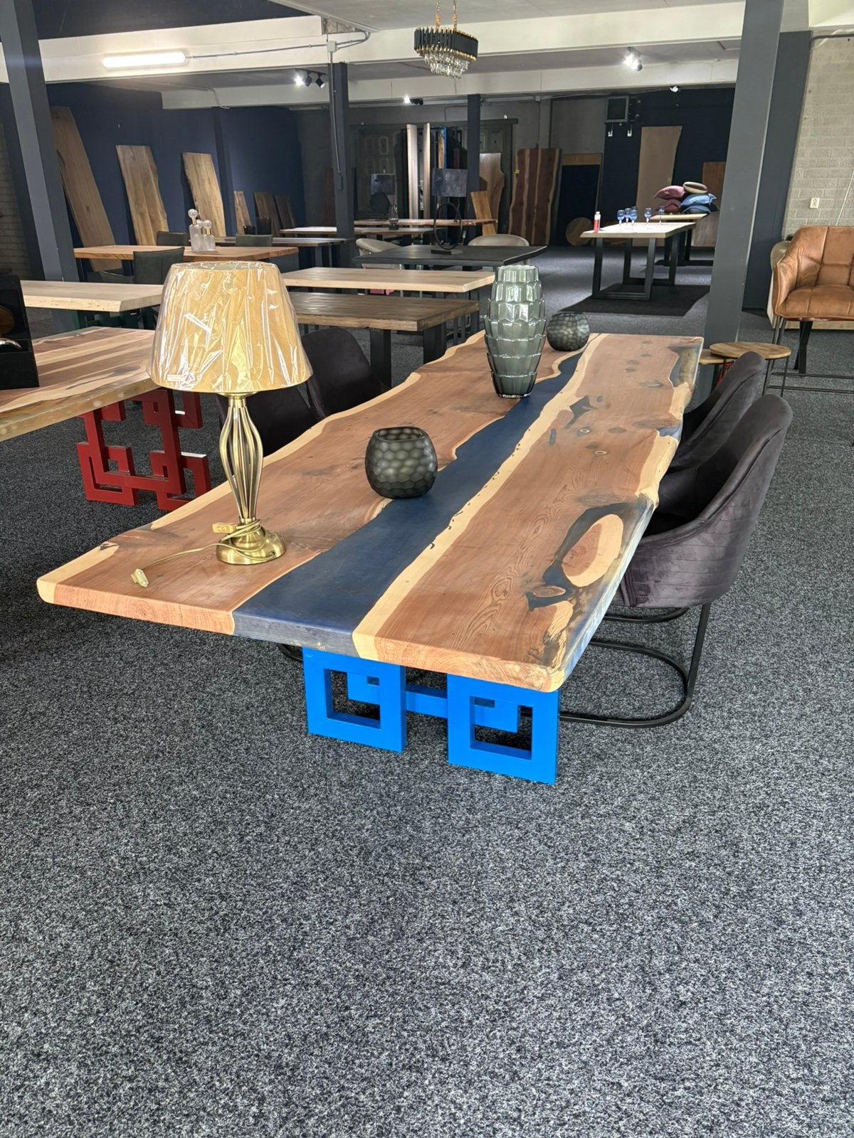Riviertafel Hout & Blauwe Epoxy – 295 x 100 x 6 cm SALE 70%, 100 tot 150 cm, Epoxy, Ophalen of Verzenden, Vijf personen of meer