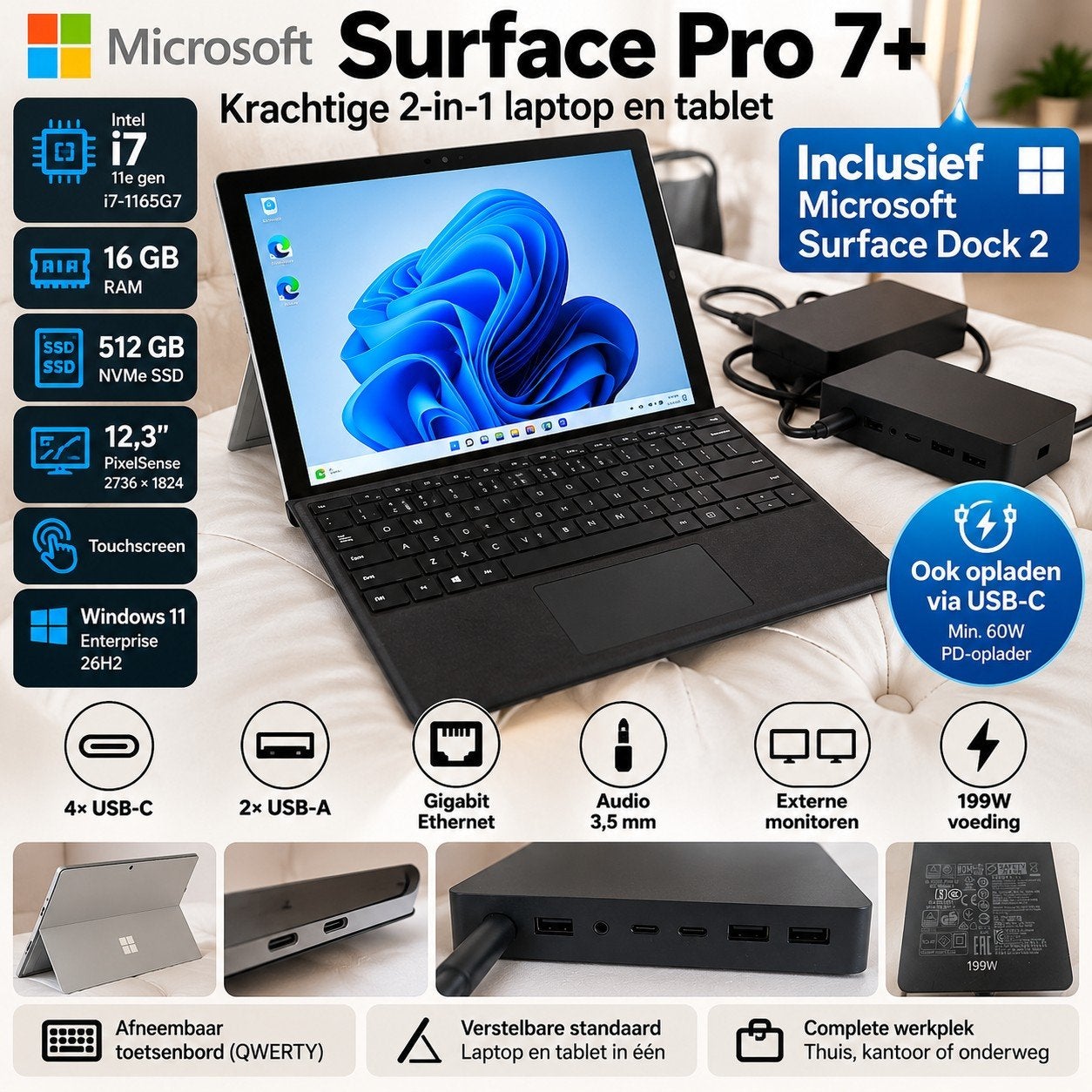 Microsoft Surface Pro 7+ i7 16GB 512GB NVMe + Dock 2, Computers en Software, Intel Core i7-1165G7, 2 tot 3 Ghz, Qwerty, Zo goed als nieuw