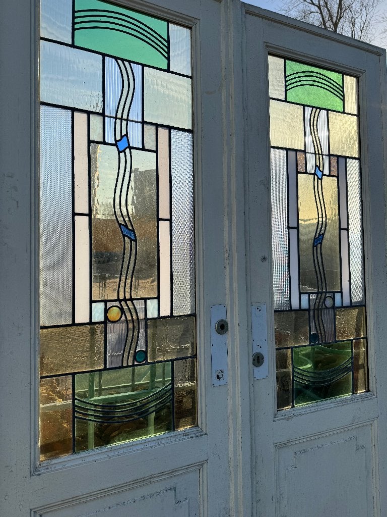 Set Jugendstil openslaande glas in lood deuren 217x159cm, Ophalen