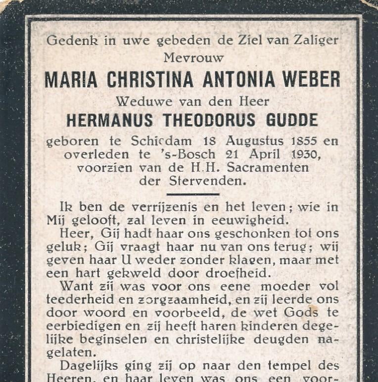 Schiedam 1855 -'s-Bosch 1930 Maria C. A. Weber/ H.G. Gudde, Ophalen of Verzenden, Bidprentje