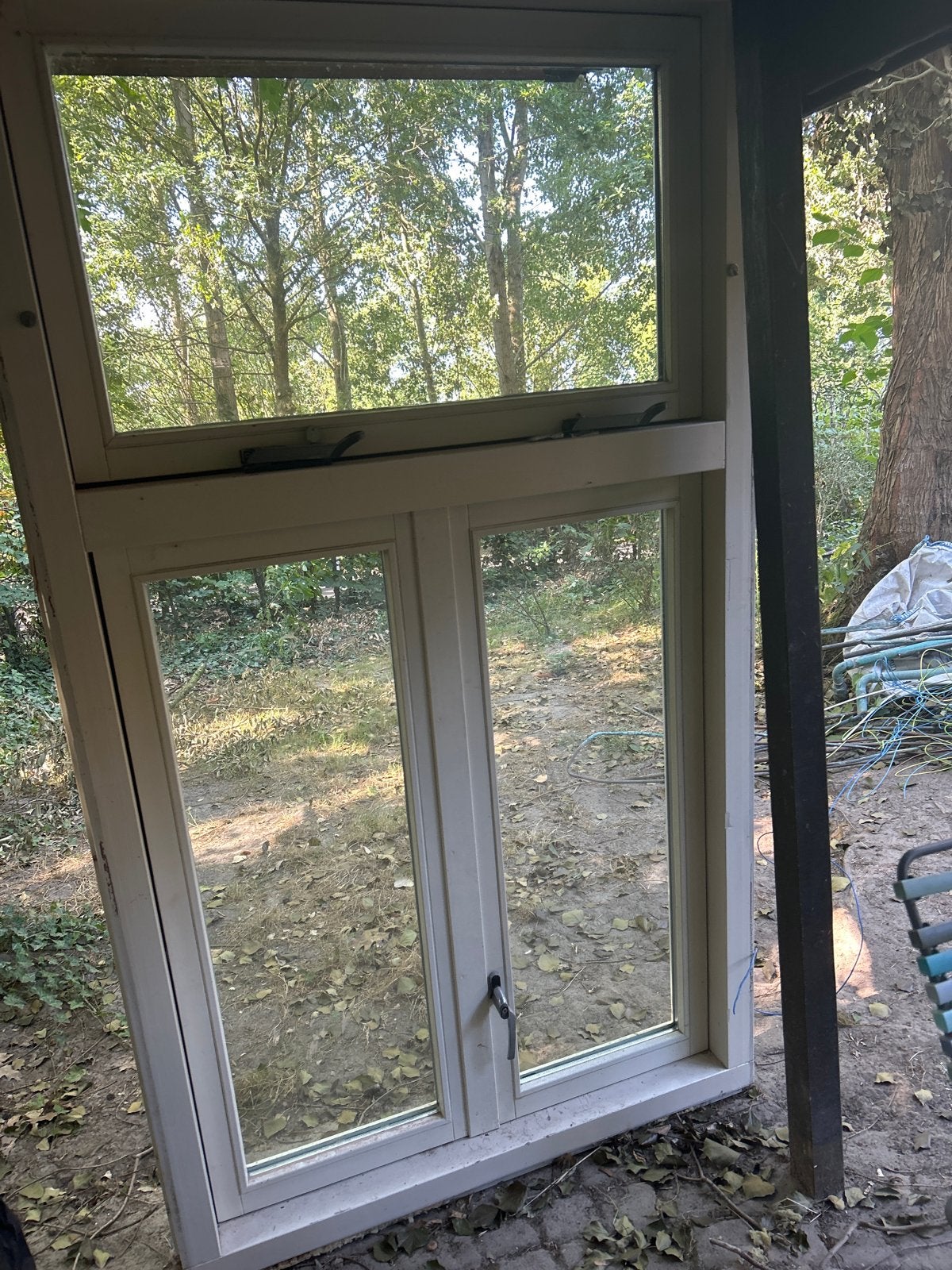 Hardhouten kozijn met bovenraam en openslaande ramen, Ophalen, Gevelraam of Ruit, Gebruikt, 80 tot 120 cm