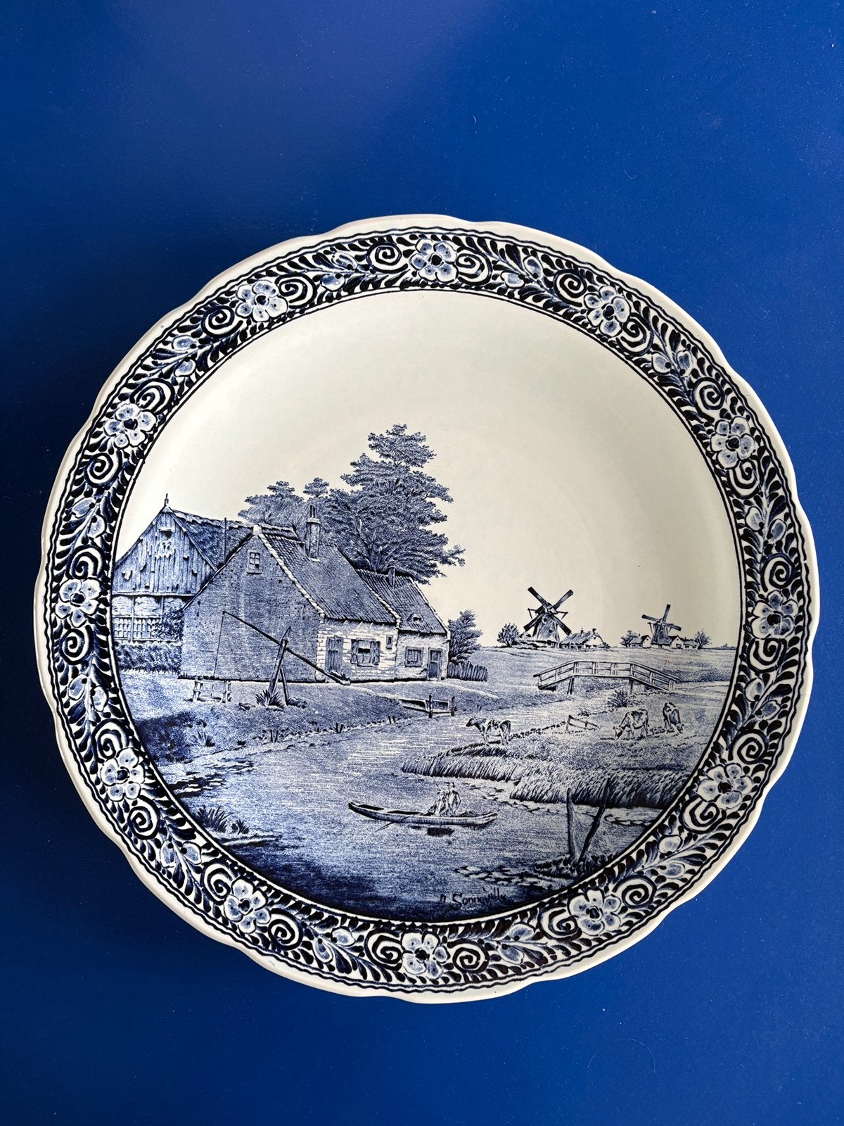 Vintage wandbord delfsblauw - groot - Boch Belgium, Antiek en Kunst, Ophalen