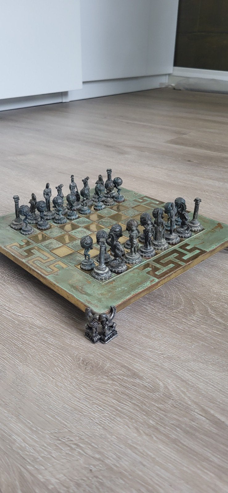 Uniek schaakspel met bronzen figuren en bord, Ophalen of Verzenden