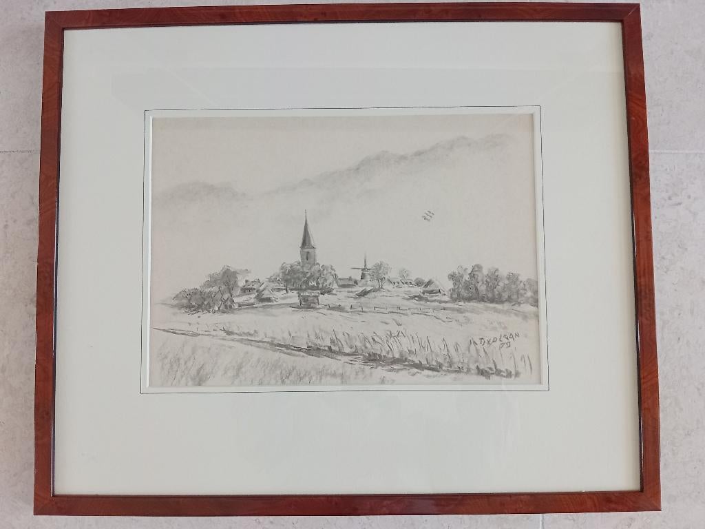 Tekening in lijst Dorp op terp, Tj. v.d. Laan ~ 41,5x50,5cm., Ophalen of Verzenden