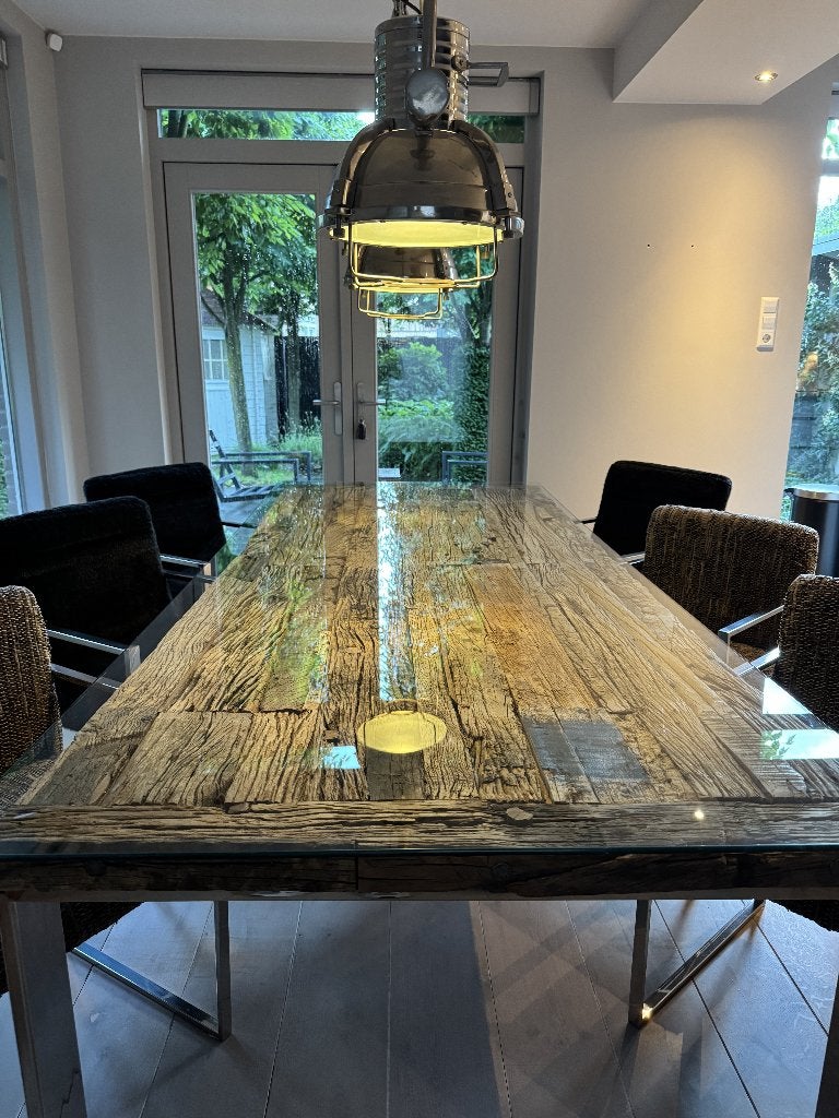 Rofra houten eettafel + 6 stoelen + 2 lampen complete set, Huis en Inrichting, Complete eetkamers, Ophalen, Zo goed als nieuw