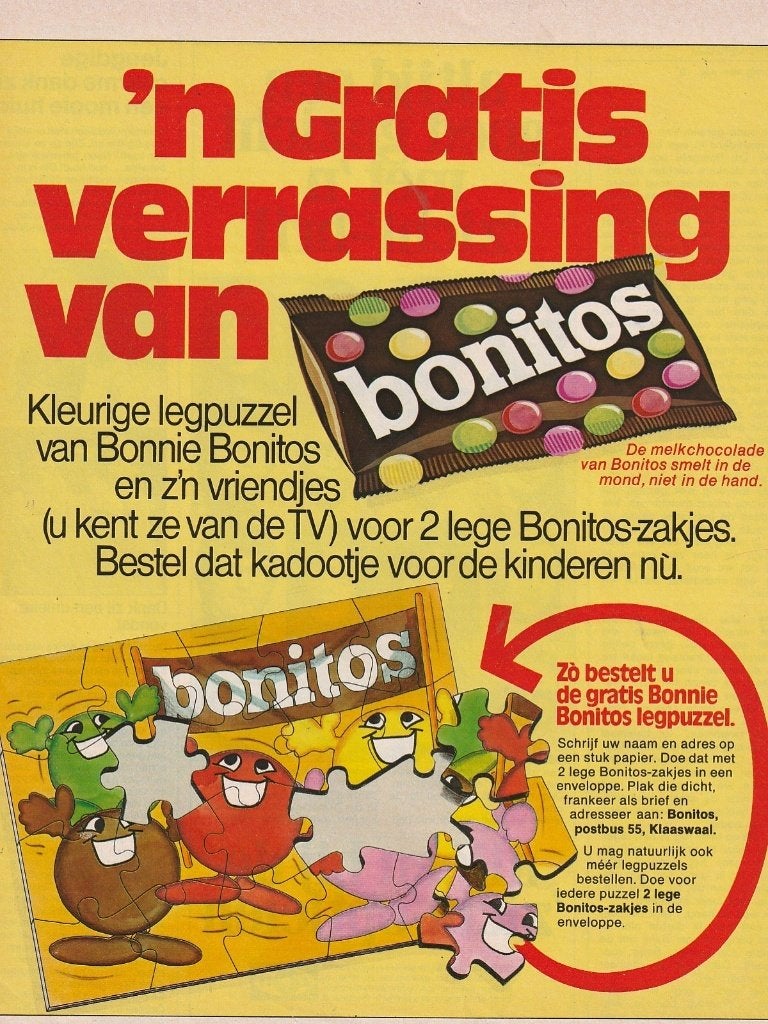 Retro reclame 1973 Bonitos chocola Klaaswaal bestel puzzel, Verzamelen, Verzenden, Overige typen