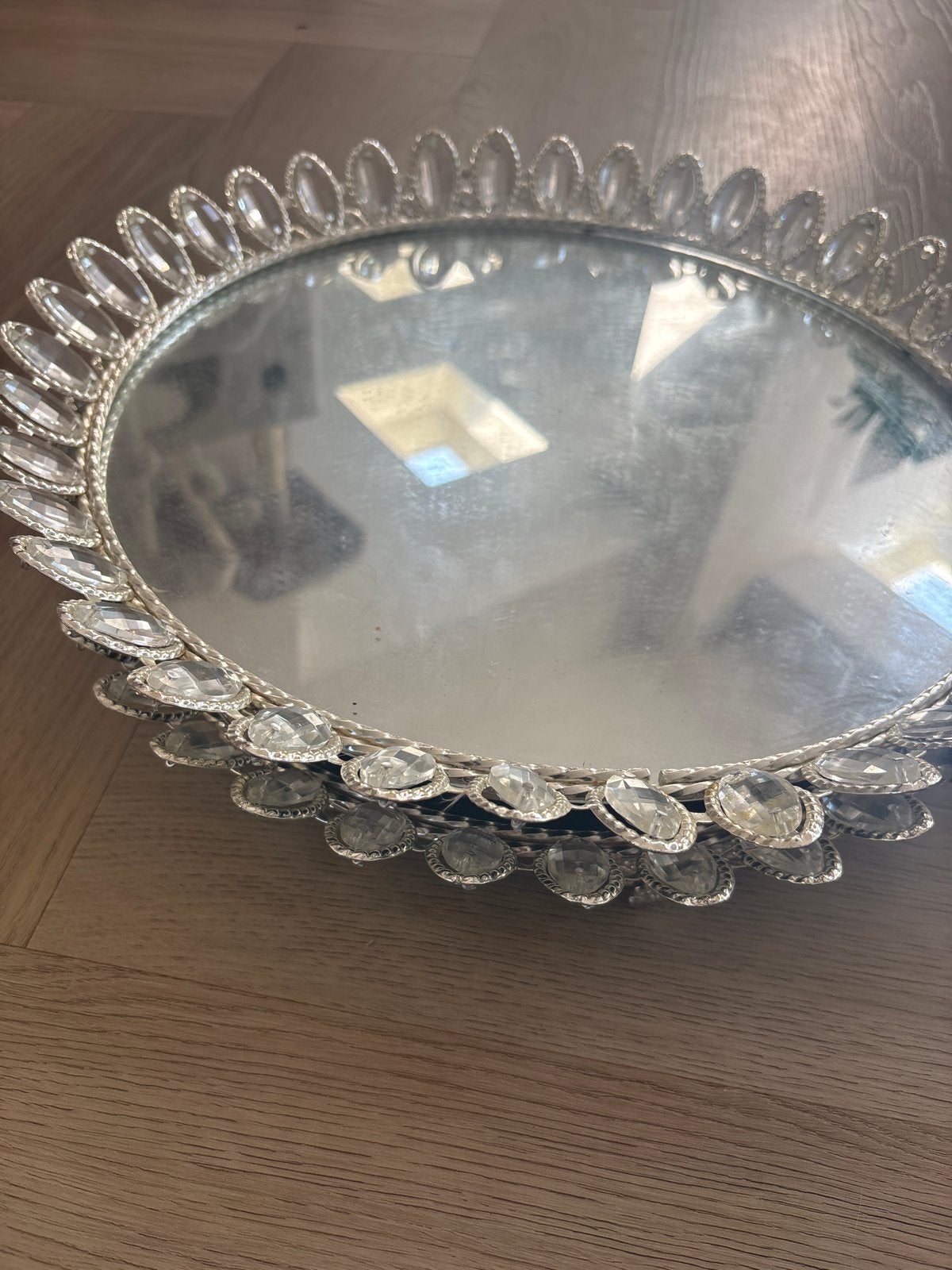 Decoratieve spiegel schaal met kristallen rand, Ophalen, Zo goed als nieuw, Zilver, Metaal