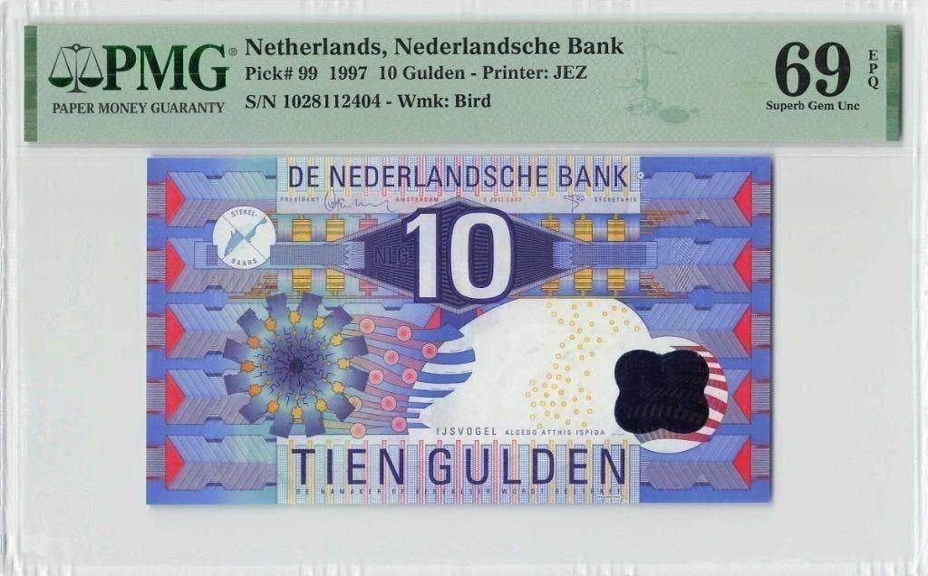 UNC biljet 10 gulden IJsvogel 1997, PMG 69 EPQ, Postzegels en Munten, Ophalen of Verzenden, 10 gulden