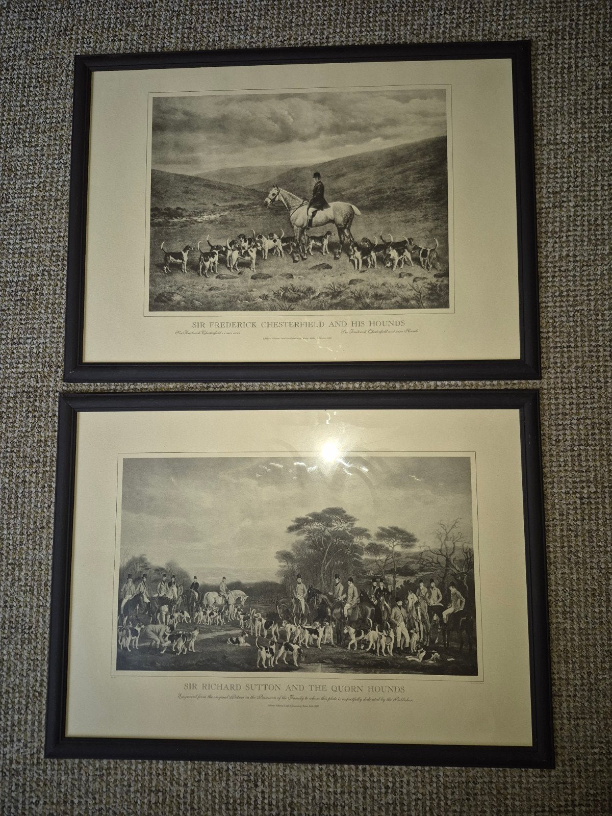 Set ingelijste jachttaferelen achter glas, 75x55cm, Ophalen, 50 – 75, Gebruikt, Print