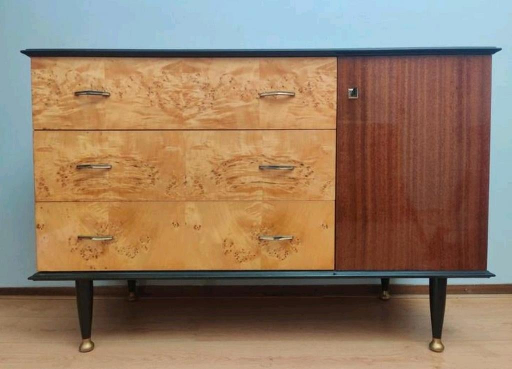 Vintage dressoir - retro kast ladenkast midcentury ladekast, Ophalen, 100 tot 150 cm, Vintage retro design midcentury, Met klep(pen)
