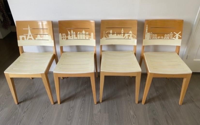 4 eetkamerstoelen met skyline design, Huis en Inrichting, Stoelen, Ophalen, Gebruikt, Overige kleuren, Vier