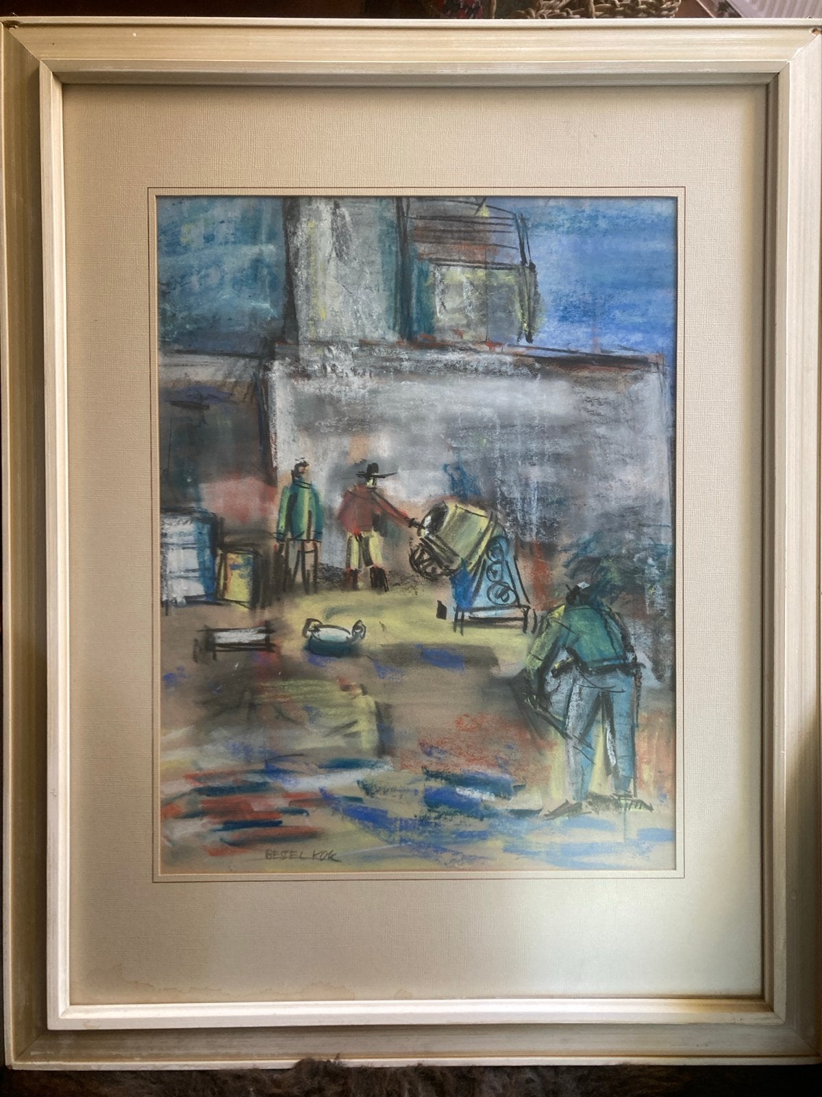 Schilderij 'De Bouwplaats' door Besel Kok, lijst 57 x 72 cm, Antiek en Kunst, Ophalen, Abstract, Gesigneerd, Aquarel