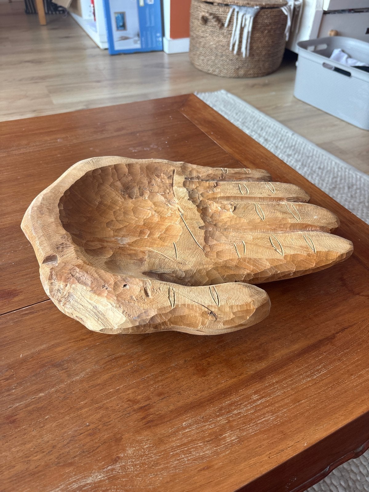 Houten hand schaal - Uniek decoratief object, Ophalen, Gebruikt, Bruin, Vintage