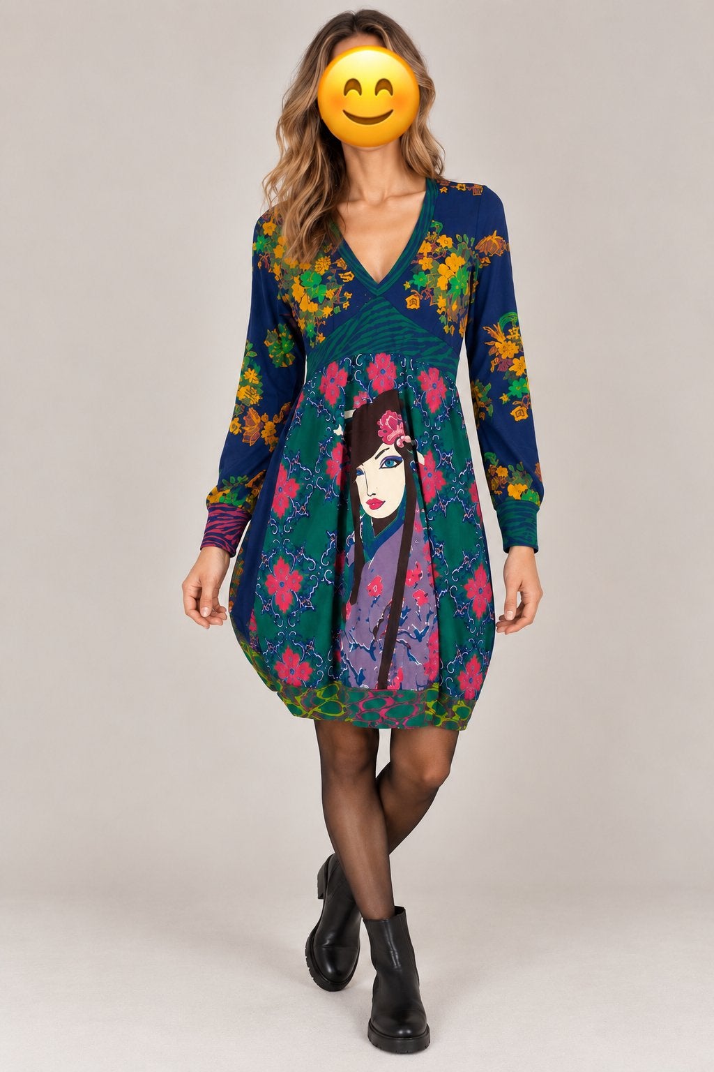 Boho tuniekjurk met Japanse print & borduursel – maat S/M, Ophalen of Verzenden, Zo goed als nieuw, Maat 36 (S), Onder de knie