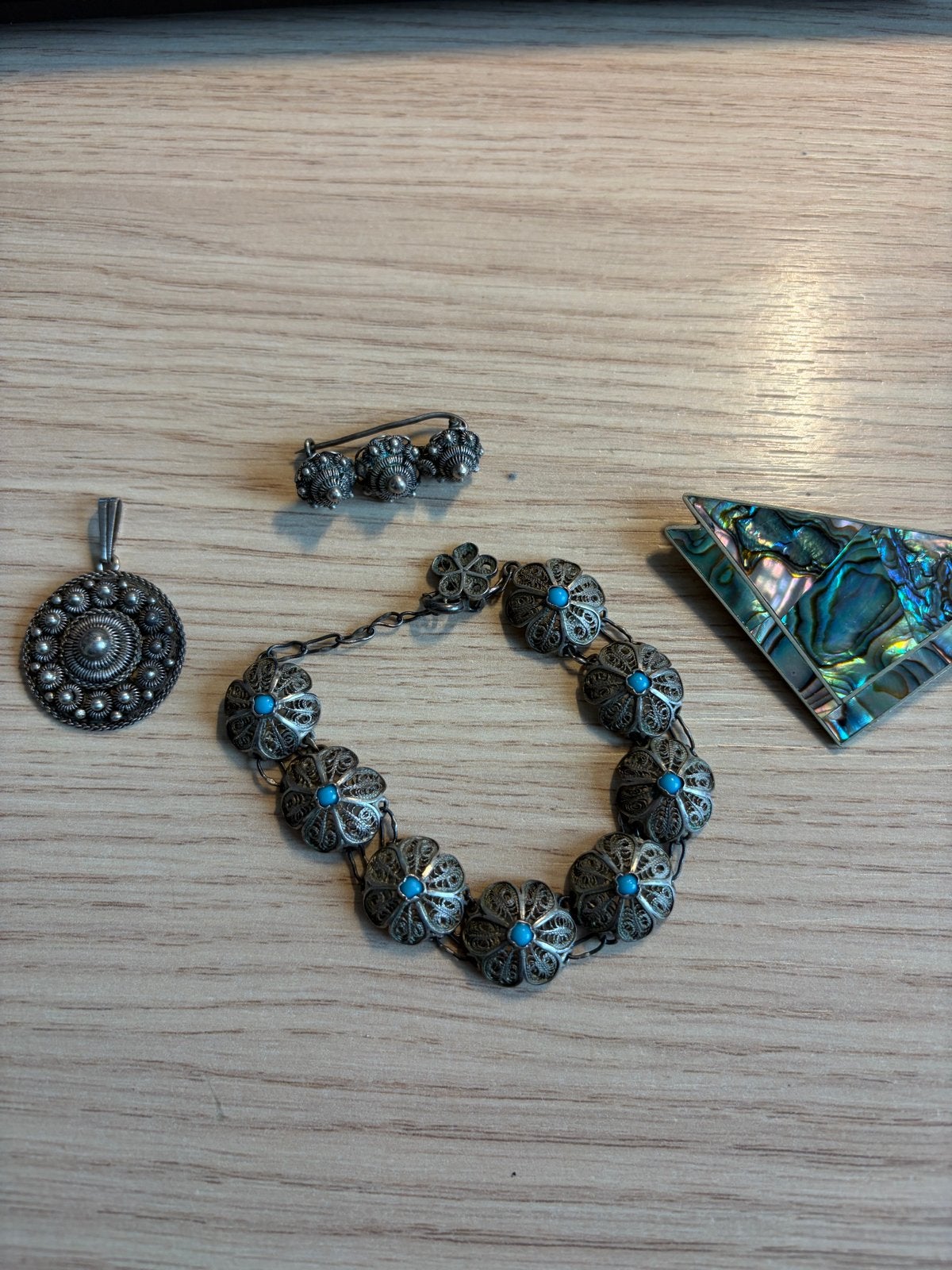 Vintage Zilveren Sieraden Set: Armband, Hanger & Broche, Ophalen of Verzenden, Zilver, Armband, Met edelsteen