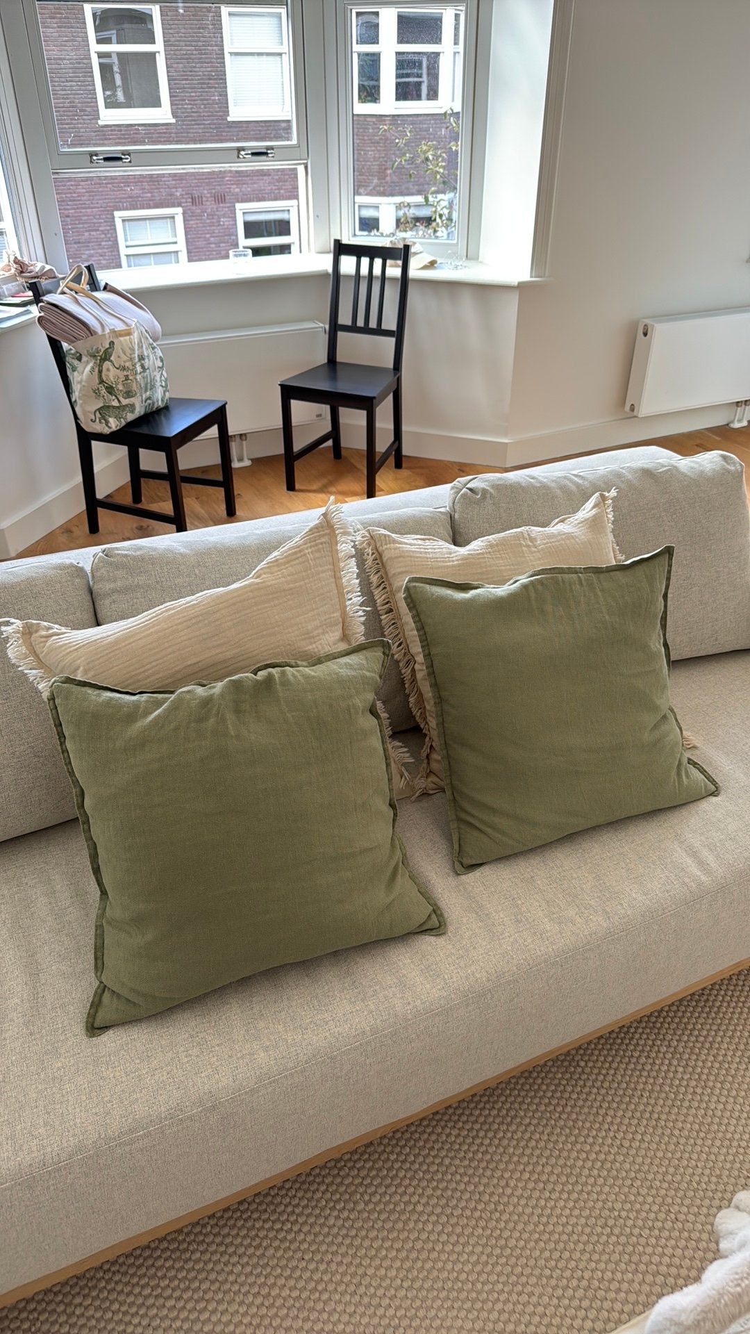 Set of 4 Decorative Pillows – Sage Green & Cream Fringe, Ophalen, Zo goed als nieuw, Vierkant