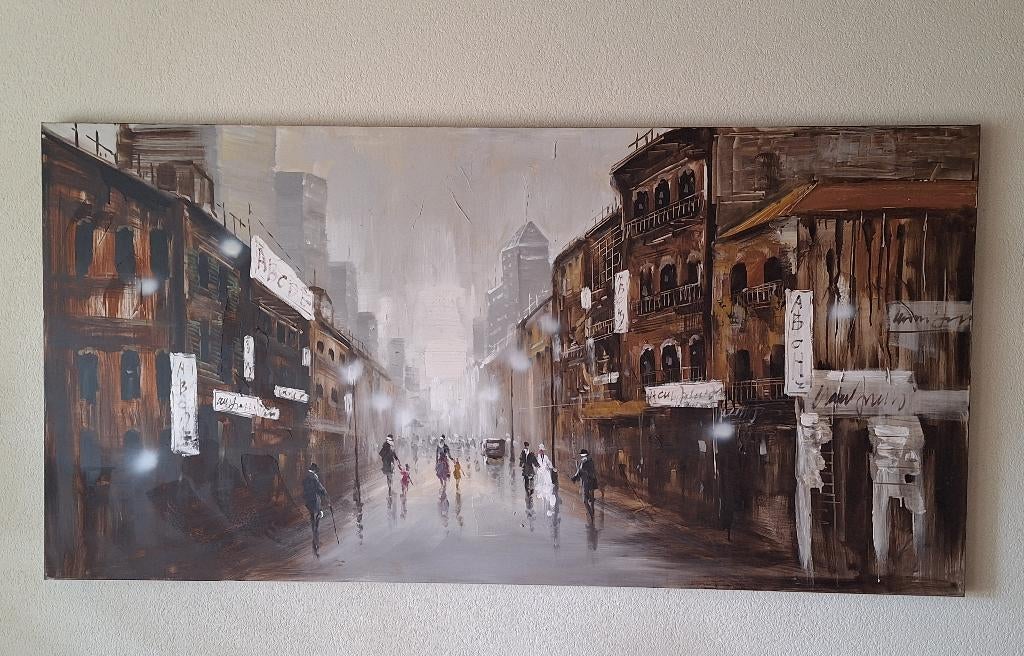 Straatbeeld 20er jaren van de 20e eeuw - schilderij, Antiek en Kunst, Ophalen