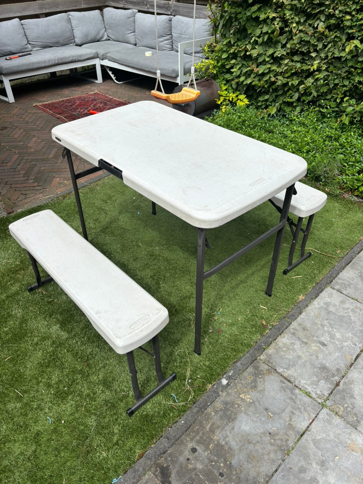 Campingtafel met bankjes, Tuin en Terras, Picknicktafels, Ophalen, Overige materialen, Gebruikt, Inklapbaar