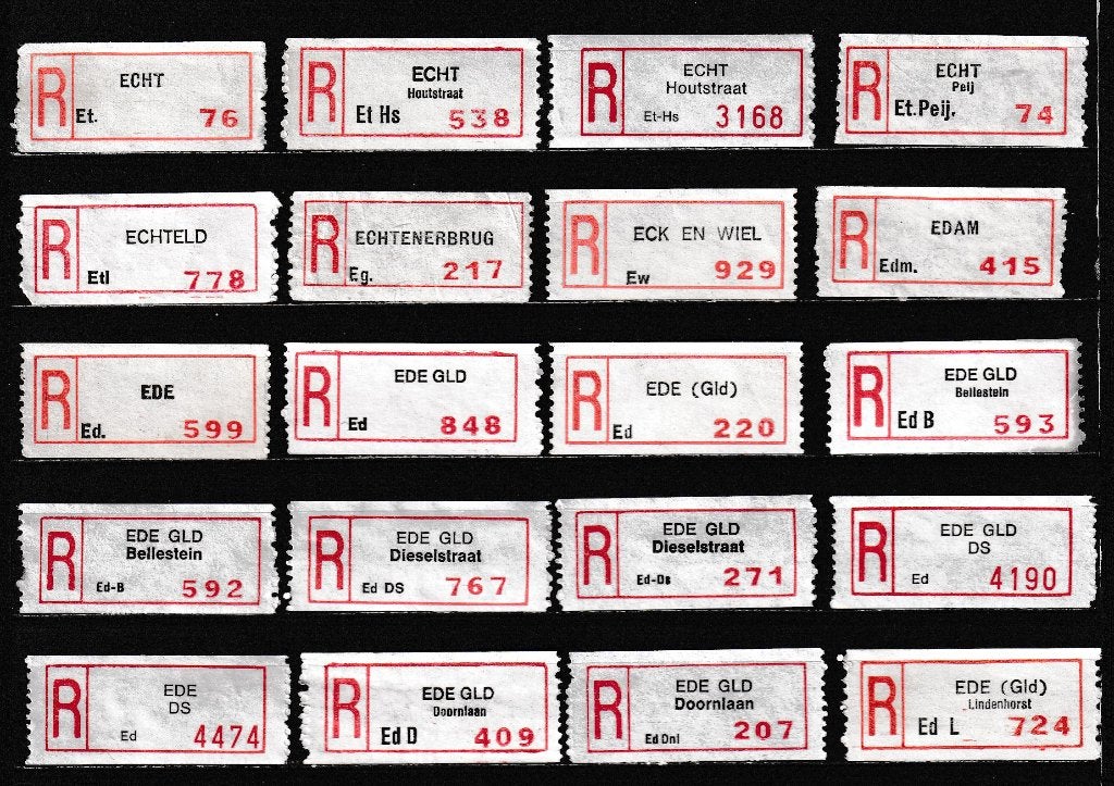 258 Veschillende Aantekenstrookjes, Letter E en F, Postzegels en Munten, Postzegels | Nederland, Verzenden, Na 1940, Gestempeld