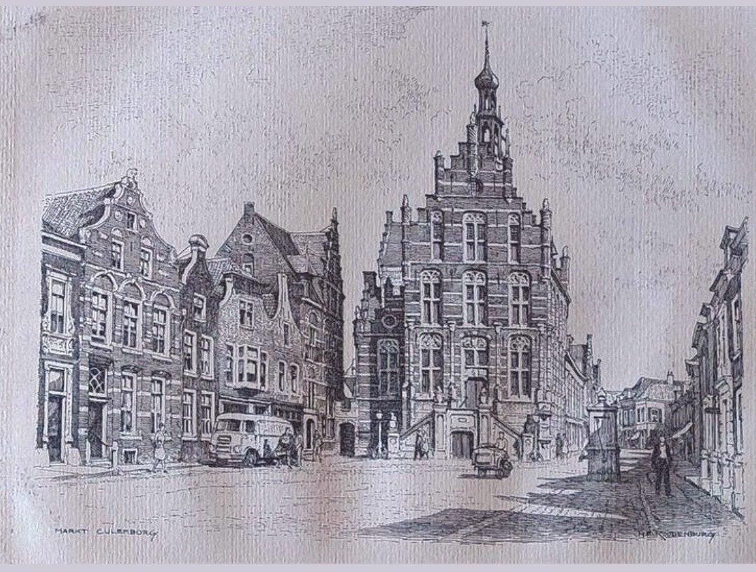 Markt Culemborg... H.E. Roodenburg ..., Antiek en Kunst, Kunst | Tekeningen en Foto's, Ophalen of Verzenden