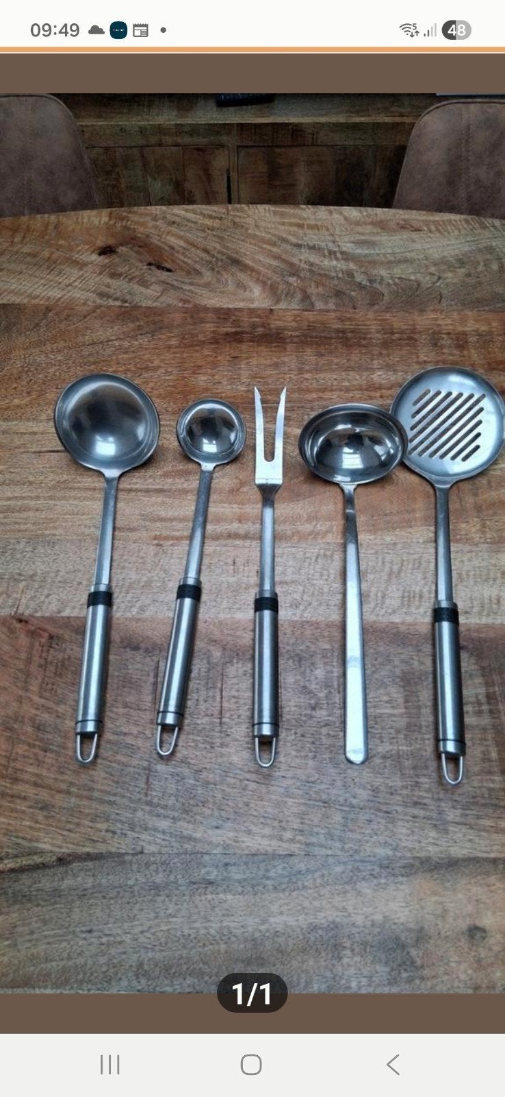 RVS Keukengerei Set - Opscheplepels en Vleesvork, Huis en Inrichting, Keuken | Bestek, Ophalen, Gebruikt, Los bestek, Rvs of Chroom