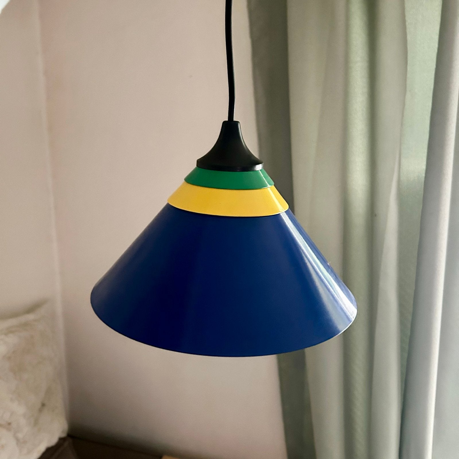 Vintage WLP Germany hanglamp, blauw, geel, groe, E27 fitting, Zo goed als nieuw, Memphis, Metaal, E27 (groot)