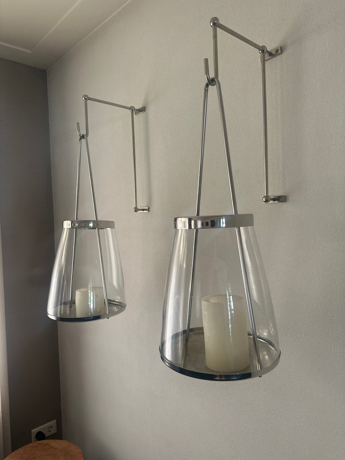 Set van 2 moderne wandlantaarns - zilver en glas, Ophalen, Lantaarn, Overige merken, Zo goed als nieuw