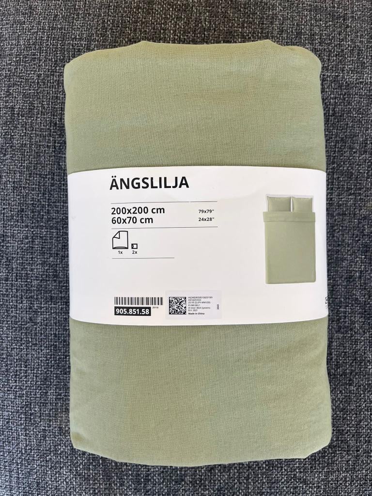 IKEA ÄNGSLILJA dekbedovertrekset – grijsgroen, 200x200 cm, Huis en Inrichting, Ophalen, Wit, Deken of Dekbed, Nieuw