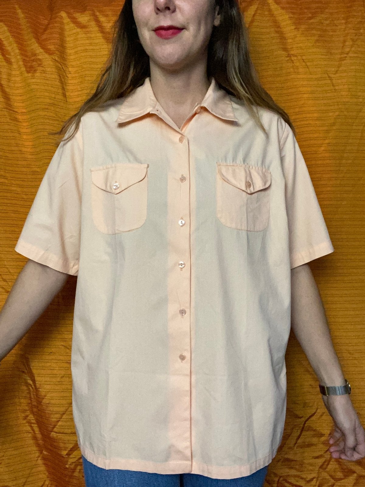 Vintage overhemd /blouse /shirt -zalm -zalmroze-katoen 42/XL, Kleding | Dames, Hgv, Hgv, Maat 42/44 (L), Oranje