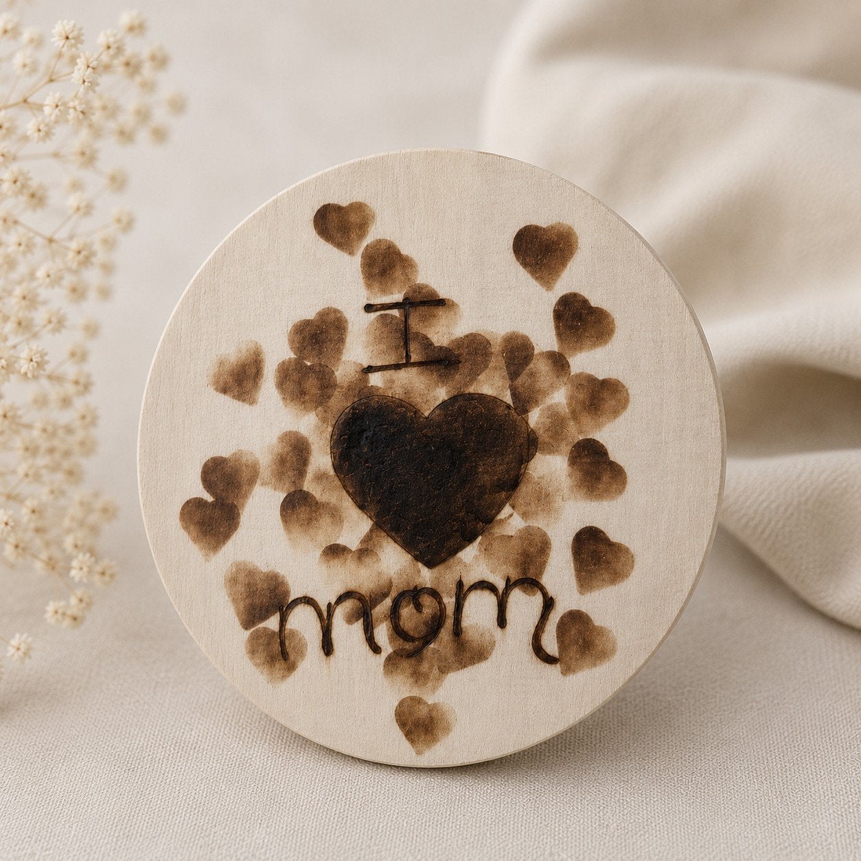 Handgemaakt 'I Love Mom' houten bordje - 10cm diameter, Ophalen of Verzenden