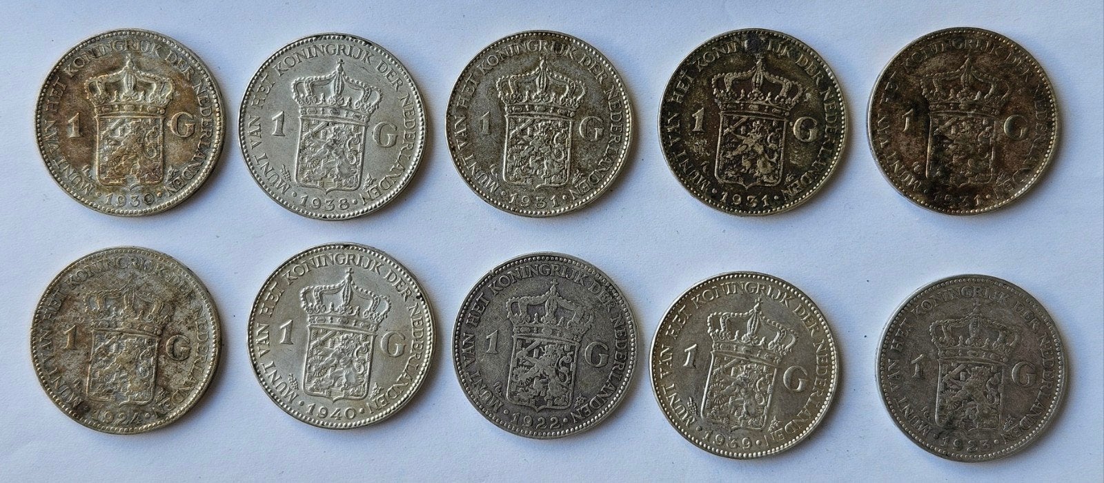 10 Zilveren Wilhelmina guldens, 1 gulden, Setje, Zilver, Ophalen of Verzenden