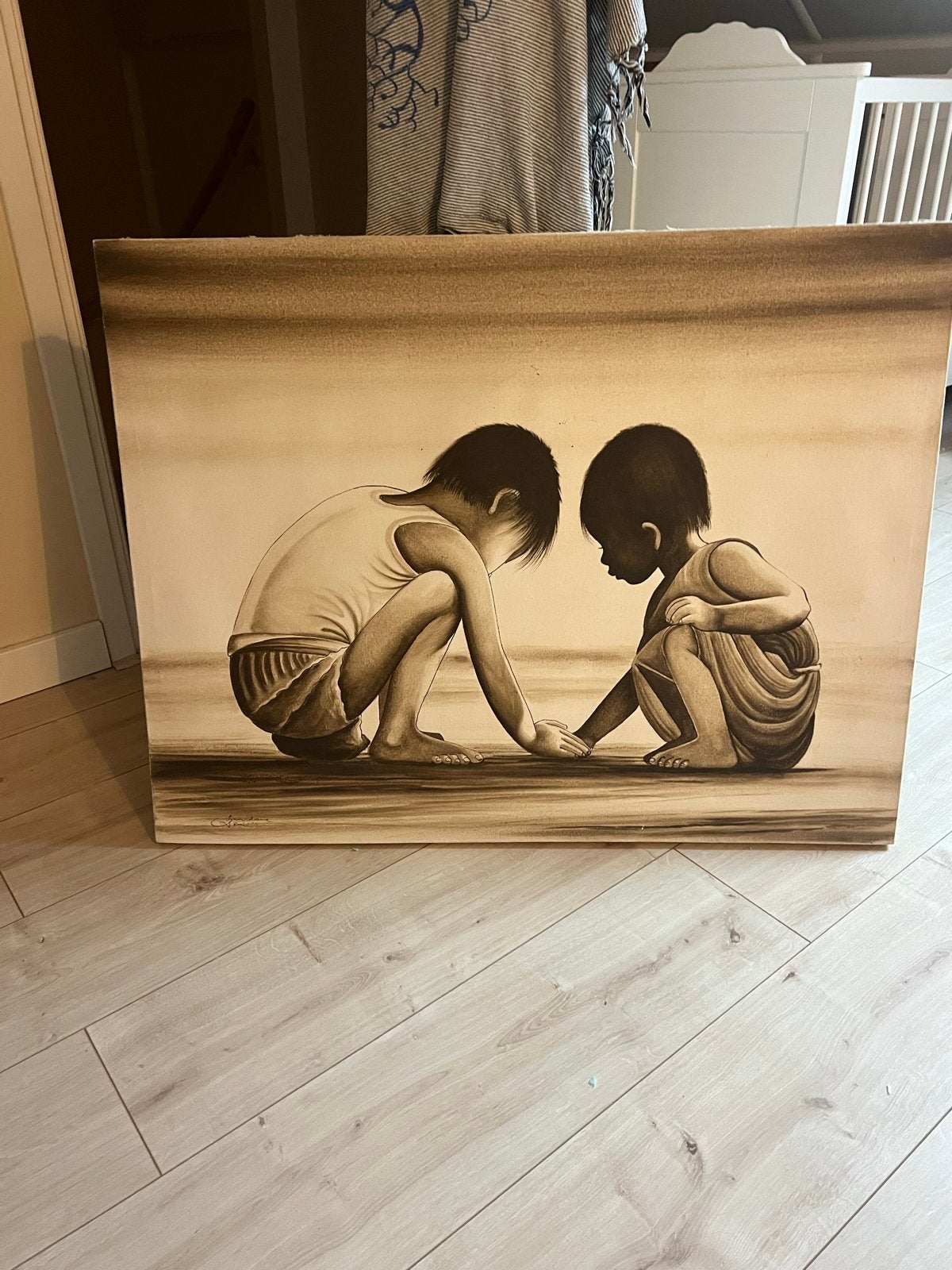 Schilderij van twee kinderen in sepia tinten, Antiek en Kunst, Kunst | Schilderijen | Klassiek, Ophalen, Doek, Portret of Personen