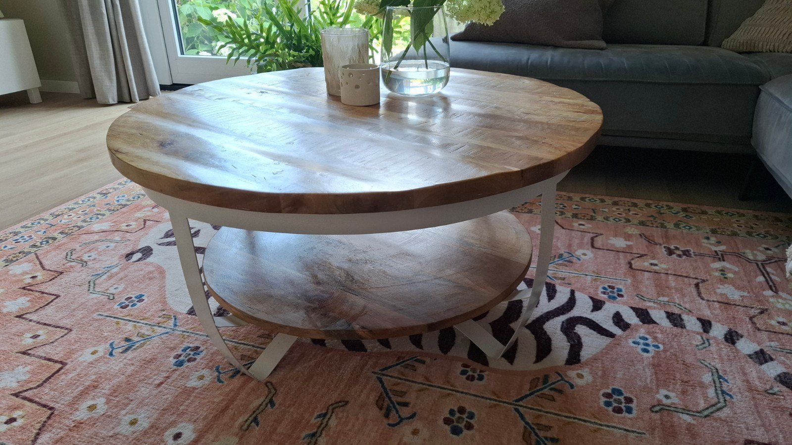 Ronde salontafel van hout en metaal, 91 cm doorsnede, Overige houtsoorten, Gebruikt, 50 tot 100 cm, Rond