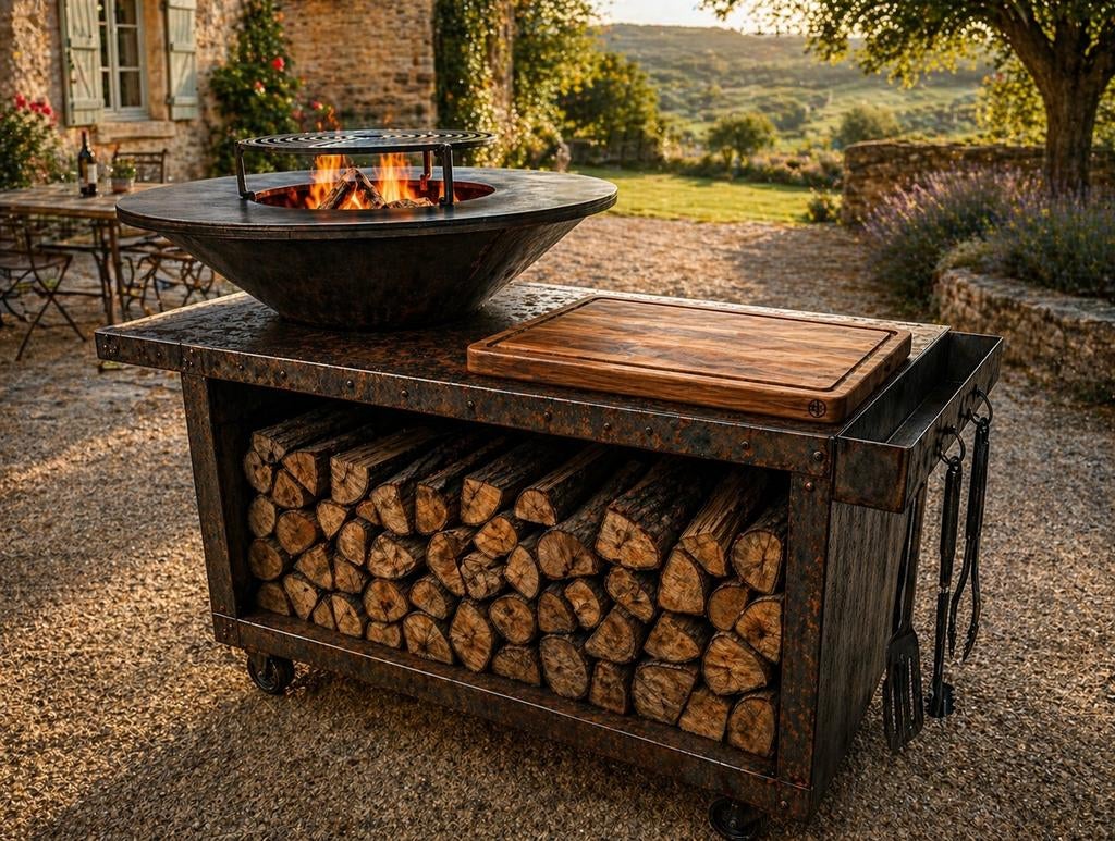 Plancha Barbecue Brasero Vuurschaal met Houtopslag en Wielen, Ophalen, Nieuw