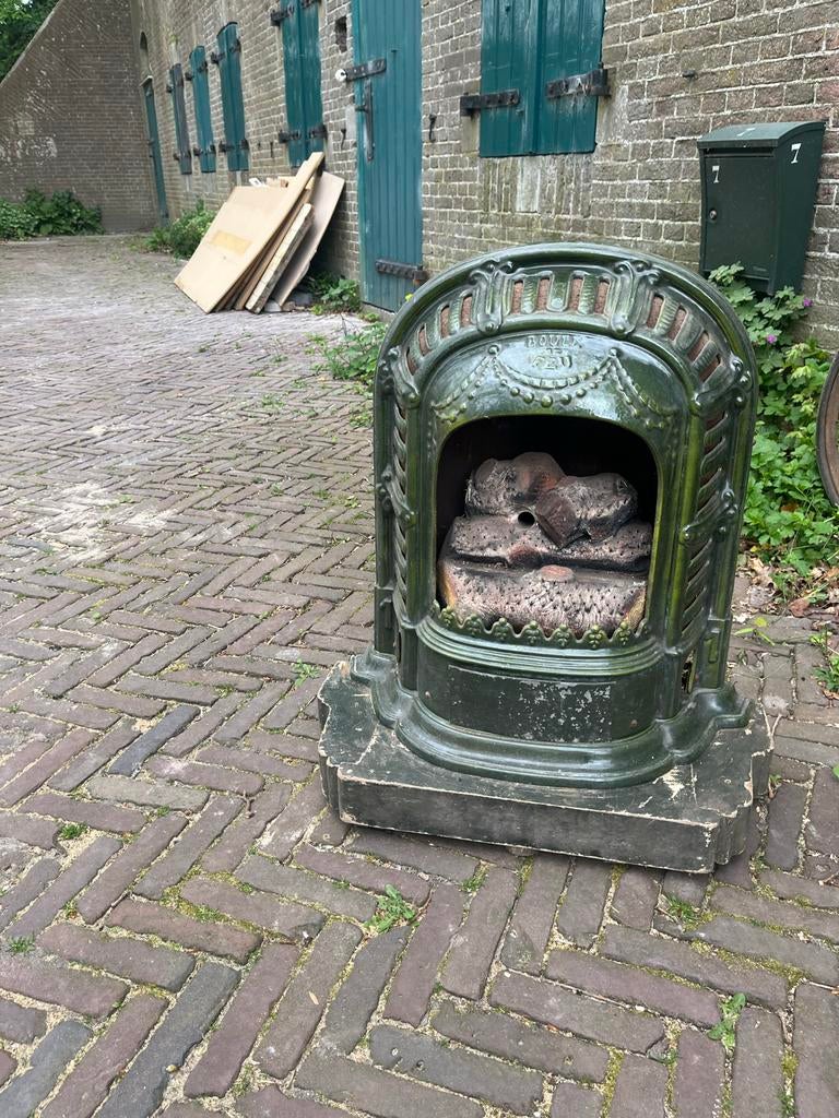 Antieke Boule de Feu kachel - Groen gietijzer, Ophalen, Gebruikt, Houtkachel, Vrijstaand