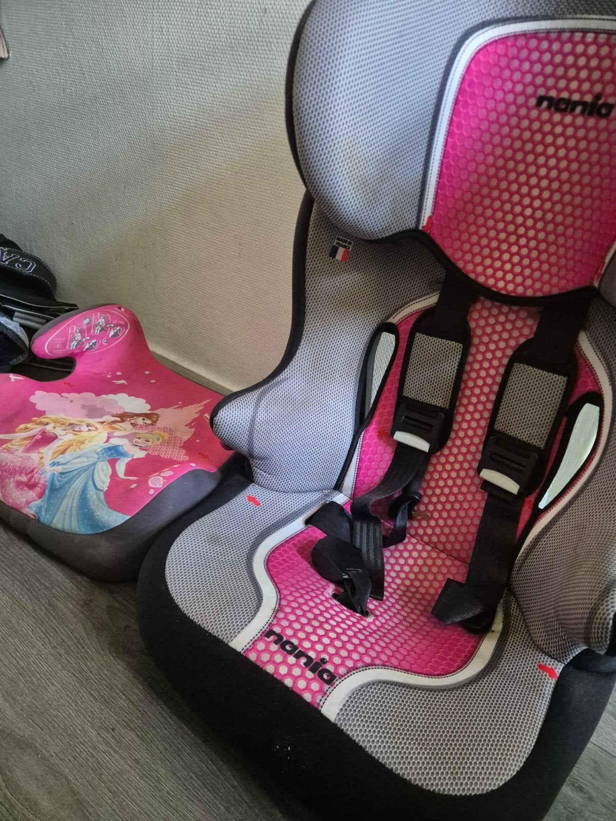 Nania autostoel roze/grijs met Disney zitverhoger, Ophalen of Verzenden